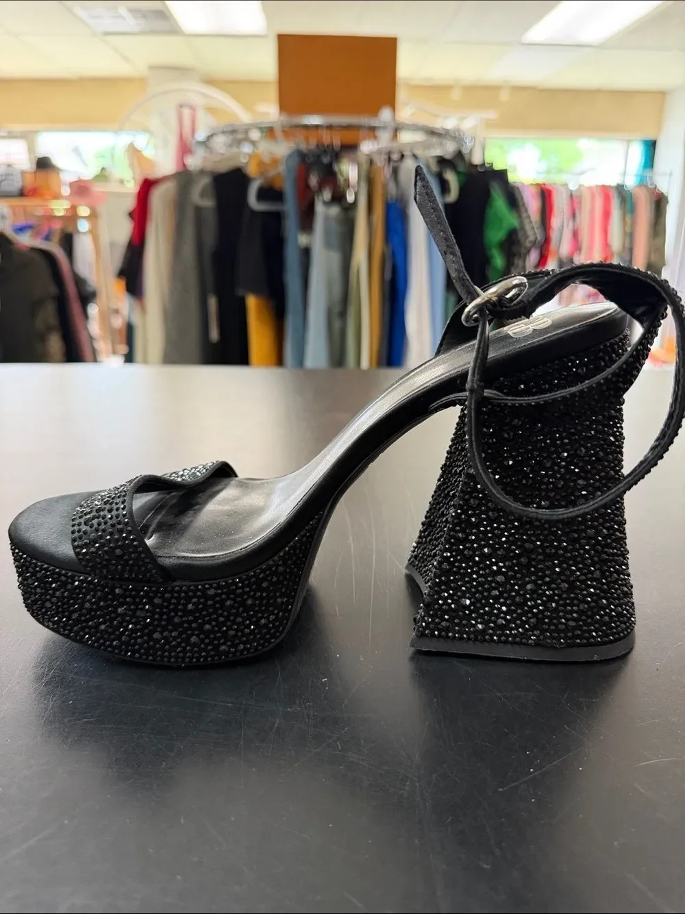 Gianni Bini Black Crystal Platform Block Heel Sandals